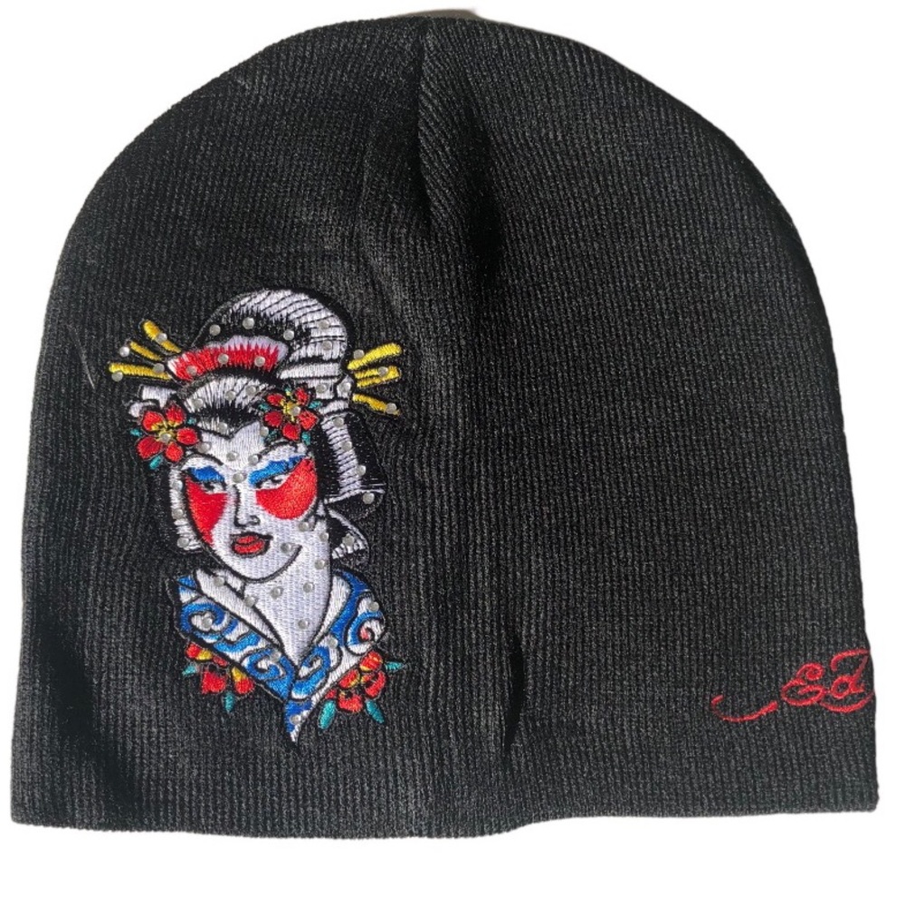 NWT Don Ed Hardy Embellished & Embroidered Japanese Women Ribbed Knit Beanie